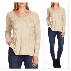 Vince Camuto Metallic Stripe V-Neck Sweater sz XXS
